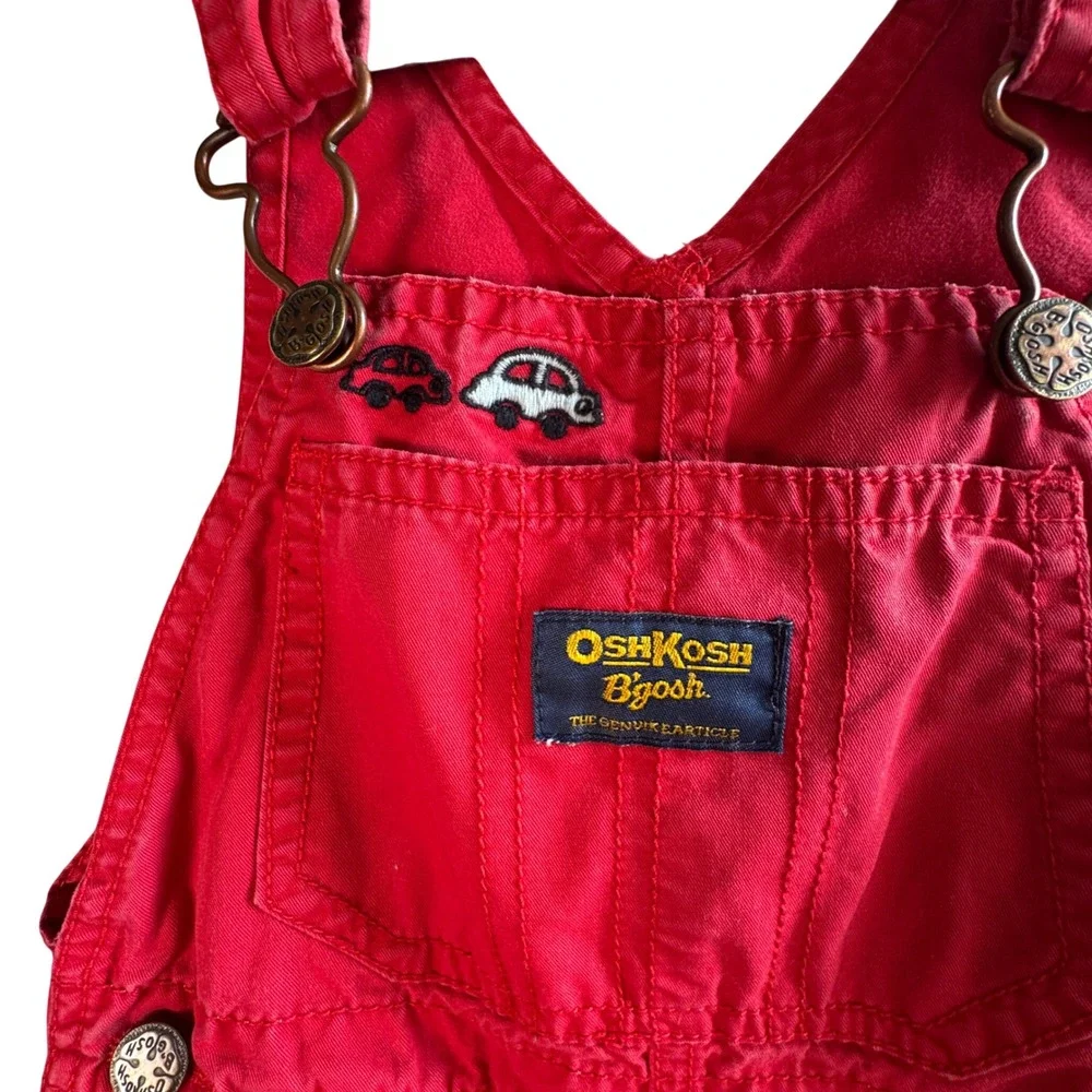 Vtg OshKosh Bgosh Vestbak Shortalls Red Cars Dump Truck Embroidered 18M Toddler